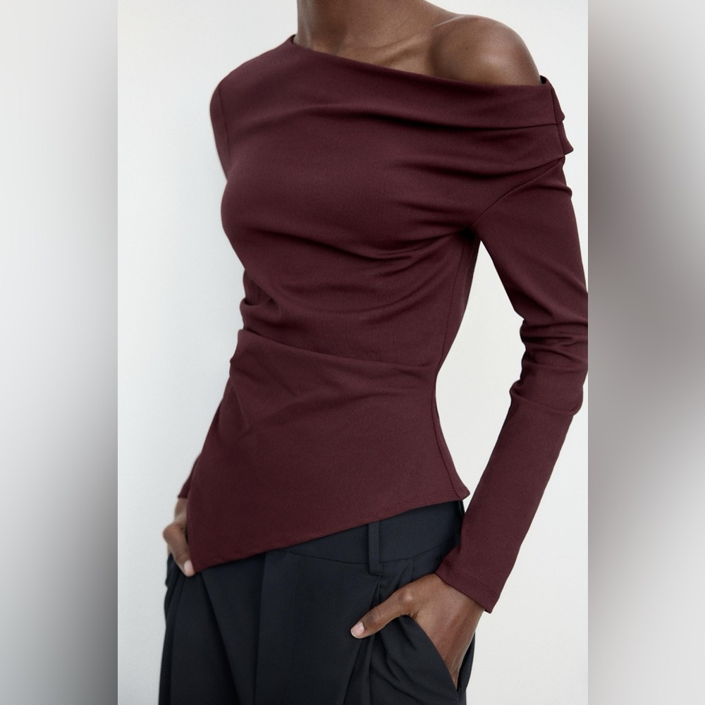 Zara Burgundy Asymmetrical Long Sleeve Top